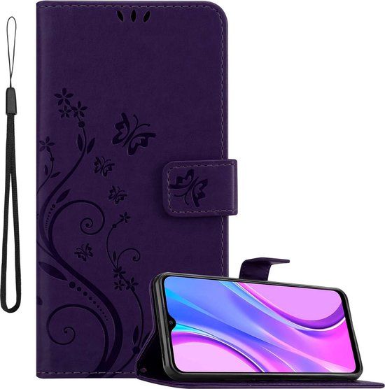 Étui Cadorabo pour Xiaomi RedMi 9 en FLORAL DARK VIOLET - Housse de protection à motif floral avec fermeture magnétique, fonction support et fentes pour cartes Book Case Cover Etui