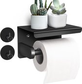 Toiletrolhouder zonder boren met plank, zelfklevende toiletrolhouder en 2 handdoekrails, wandgemonteerde toiletpapierhouder, zwarte toiletpapierhouder voor badkamer, keuken.