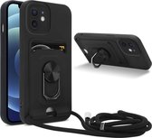 Cadorabo Telefoonketting Hoesje met standfunctie geschikt voor Apple iPhone 12 in ZWART - Siliconen beschermhoes met verstelbare koordband