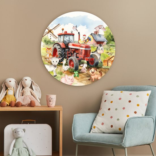 WallCircle - Cercle mural animaux de la ferme 60x60 cm - Cercle mural chambre enfant tracteur - Décoration chambre fille - Chambre enfant - Peintures chambre enfant - Décoration murale chambre garçon - Décoration murale chambre garçon aquarelle