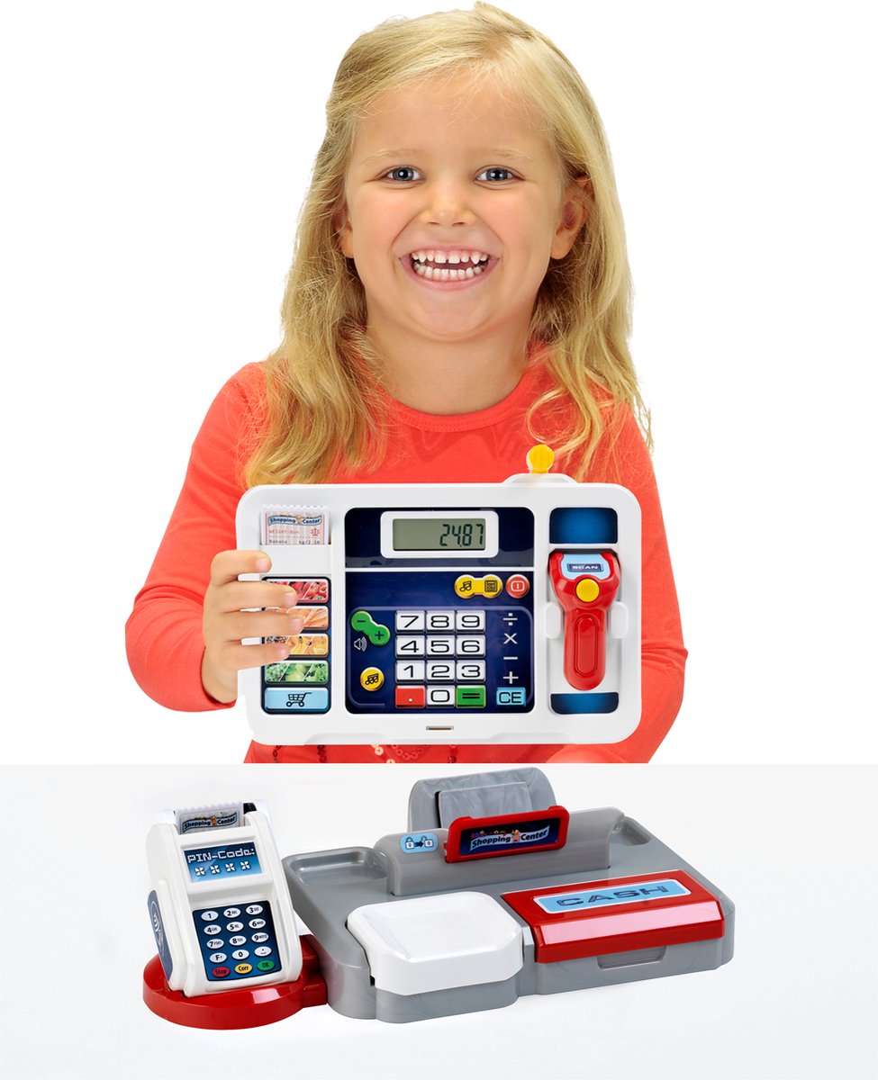 Klein Toys elektronische kassa - afneembare tablet, rekenmachinefunctie, scanner, kaartlezer en een kassa vol speelgeld - 33,42x16,83x22,33 cm - incl. soundbar - grijs rood — afbeelding 8