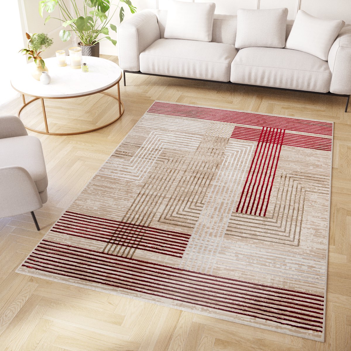 Tapiso Crystal Vloerkleed Beige Rood Lijnen 3D Effect Tapijt Maat- 140x200