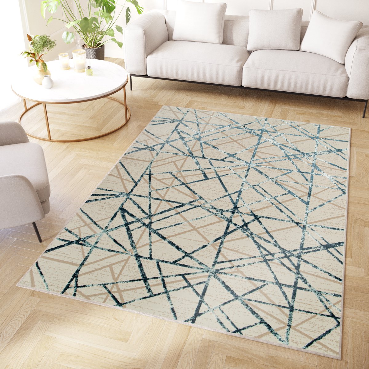 Tapiso Crystal Vloerkleed Blauw Beige Modern Laagpolig Kleed Tapijt Maat- 300x400