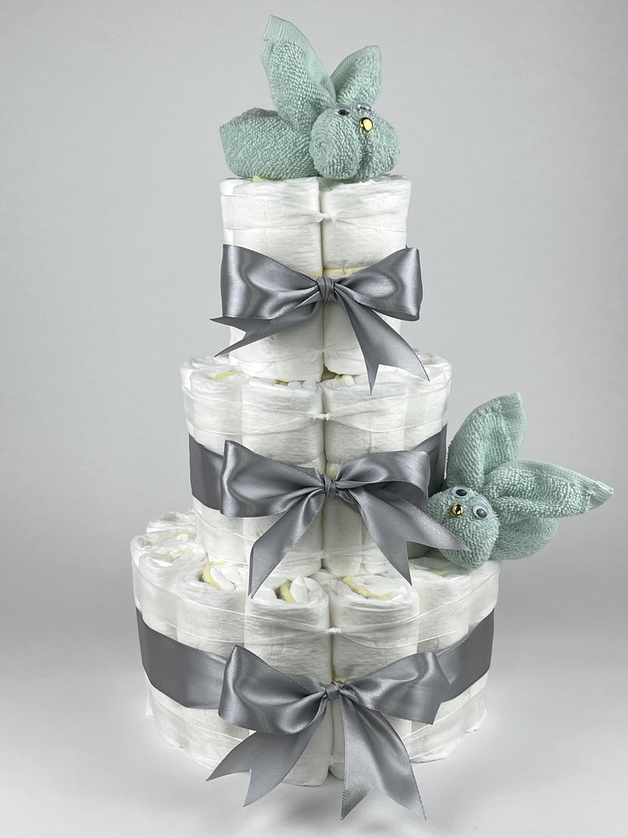 Goedkoopste Chouette-Chouette | Luiertaart Neutraal | Kraamcadeau | Geboorte Jongen Meisje | Babyshower | Konijnen Mint groen - Grijs