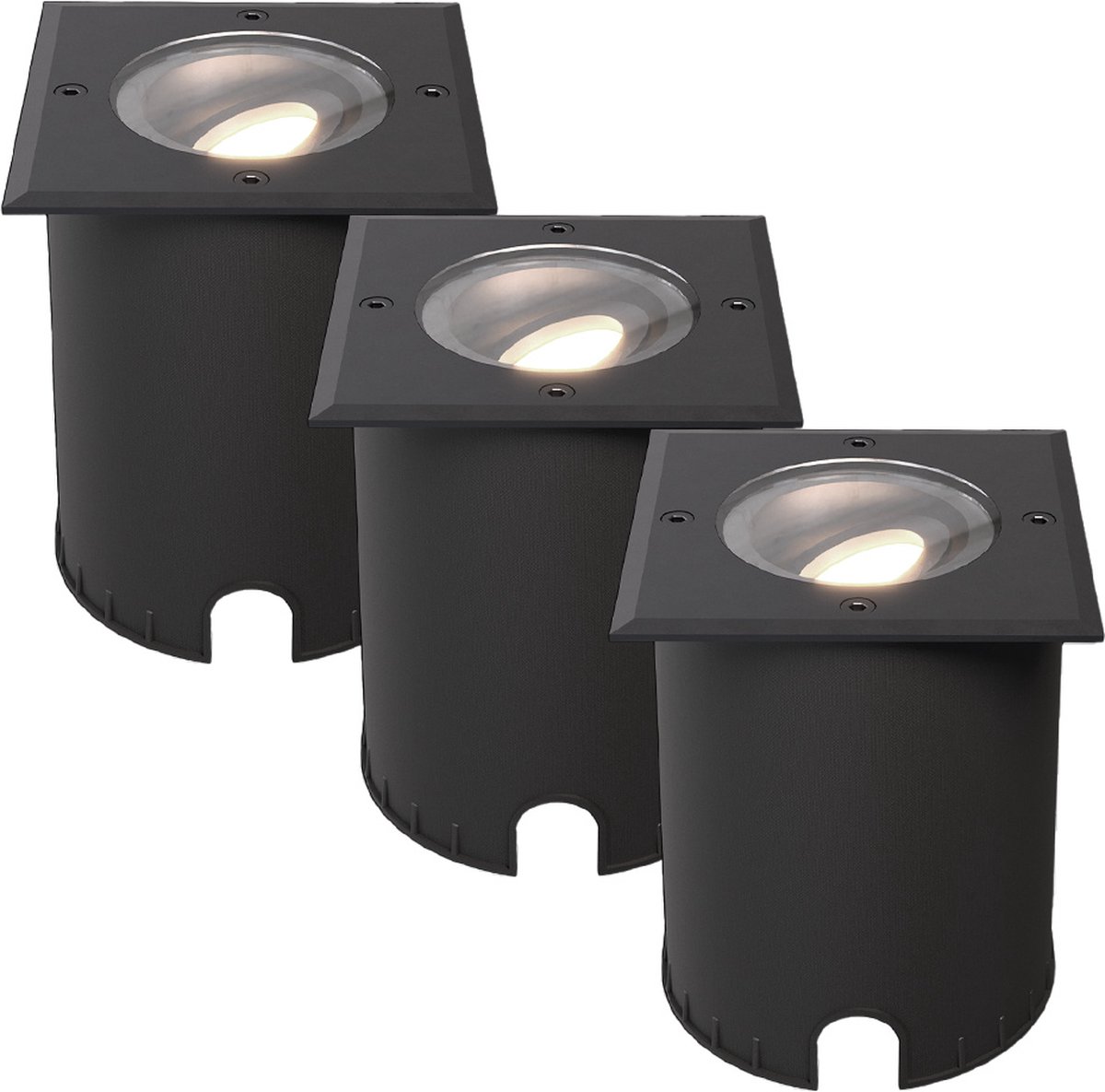 HOFTRONIC - Set van 3 Cody LED Grondspots XL Zwart - Vierkant - Dimbaar en kantelbaar - IP67 Waterdicht - RVS - GU10 4.5W 345 Lumen - 4000K Neutraal wit licht - Geschikt voor tuin, oprit en pad