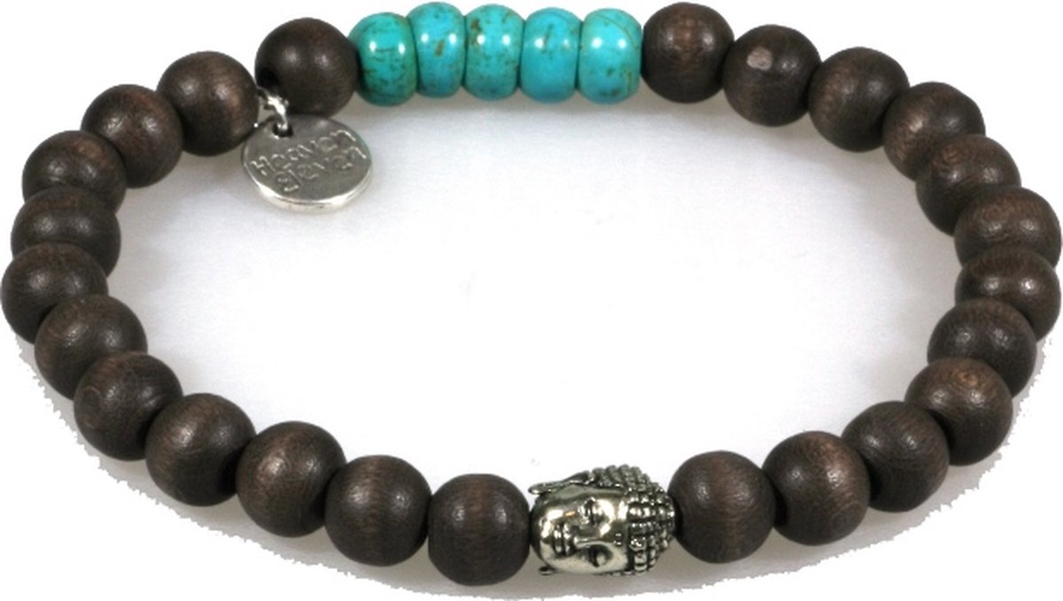IbizaMen - heren kralen armband - Bruin Hout met Turkoois 8mm - Buddha RVS - 21cm