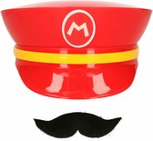 Game verkleed set pet en snor - loodgieter Mario - rood - unisex - carnaval/themafeest outfit