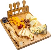 Bamboe kaasplank met kaasmessenset, 35 x 28 cm, serveerplaat van hout voor kaas en hapjes, serveerplank van hout, kaasplaat of snijplank, keukenplank, kaasbord, charcuterie board, cadeau-idee