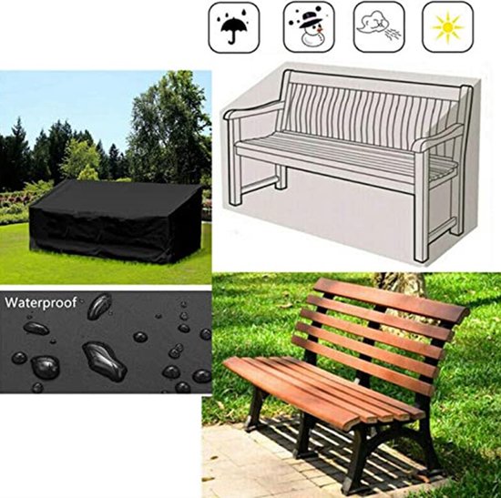 Housse noire pour un banc de parc en bois, résistance aux intempéries et dimensions.