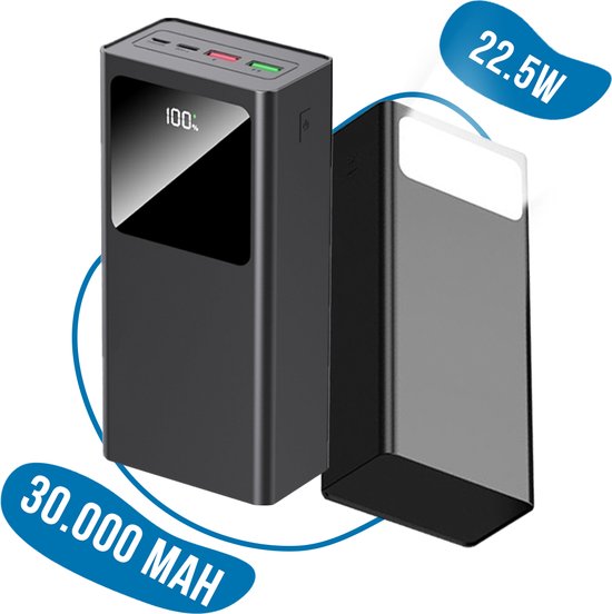 ISHIVA® Powerbank 30000 mAh met Zaklamp - Snellader met 22.5W - USB, USB-C - Powerbank iPhone - Powerbank Samsung - vaderdag cadeau