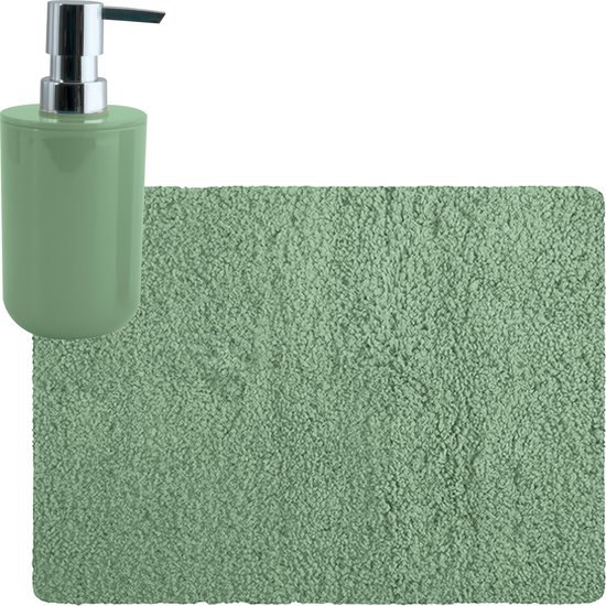 MSV badkamer droogloop tapijt/matje - Langharig - 50 x 70 cm - inclusief zeeppompje in dezelfde kleur - groen