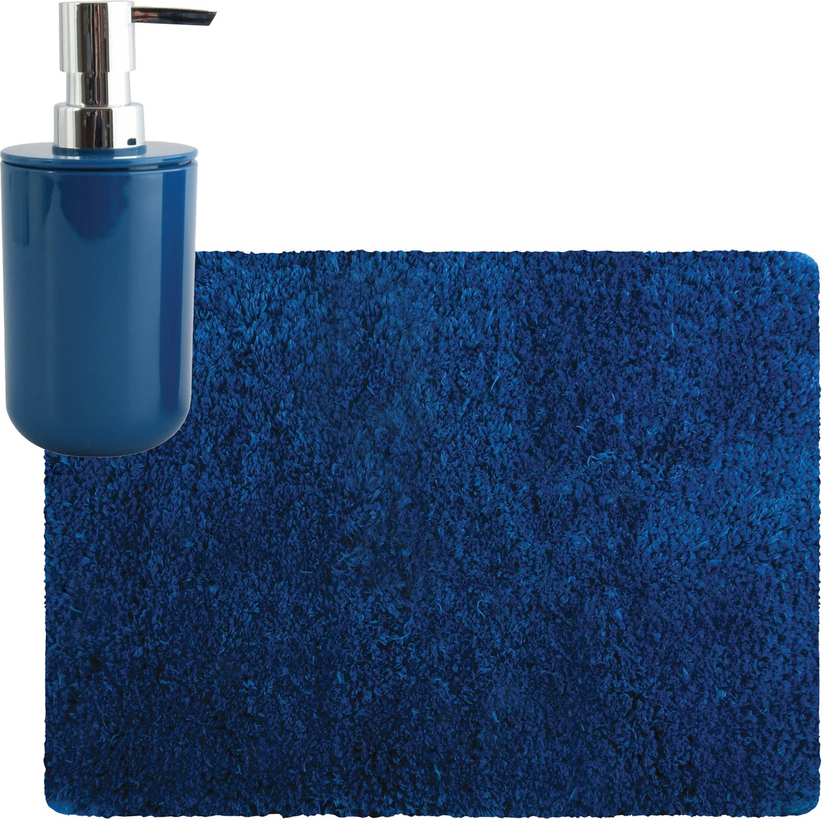 MSV badkamer droogloop tapijt/matje - Langharig - 50 x 70 cm - inclusief zeeppompje in dezelfde kleur - donkerblauw