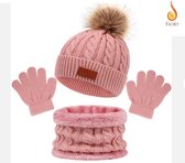 Fiory Wintermuts, Sjaal, Handschoenen Kinderen| 3 in 1| Wintermuts kids| Muts| Fleece binnenzijde sjaal| 1 tm 5 jaar | Roze