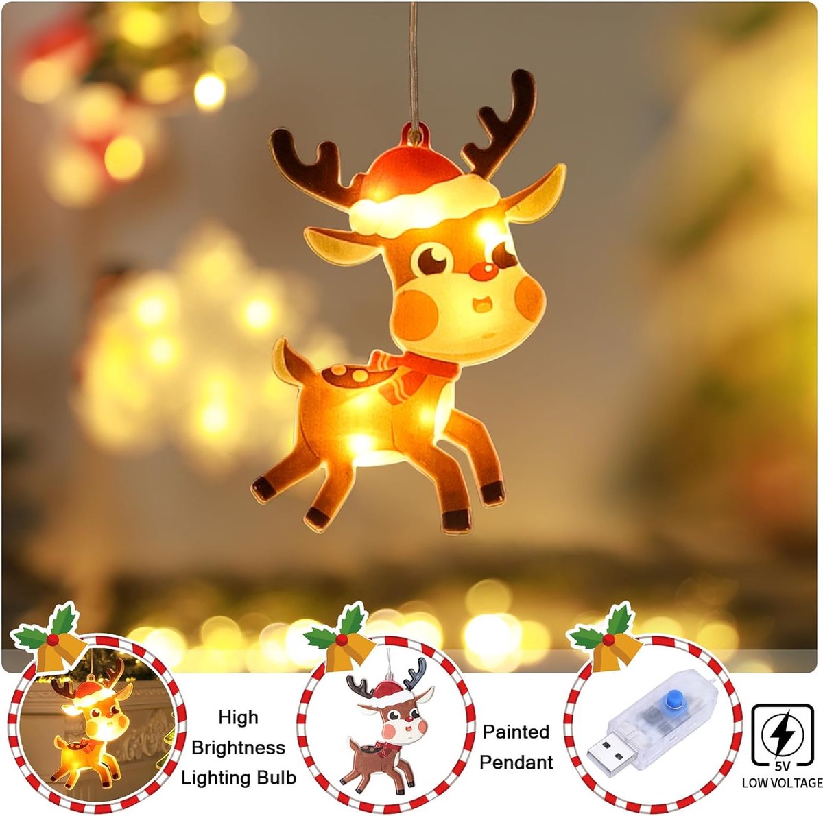 Set van 3 led-raamdecoratie met zuignap, sneeuwvlok, bel