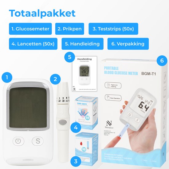 Nuvance - Glucosemeter - Startpakket - Bloedsuikermeter - Incl. 50 Test Strips en 50 Lancetten - Bloedglucosemeter - Diabetes Meter - Volledige Set - Nuvance