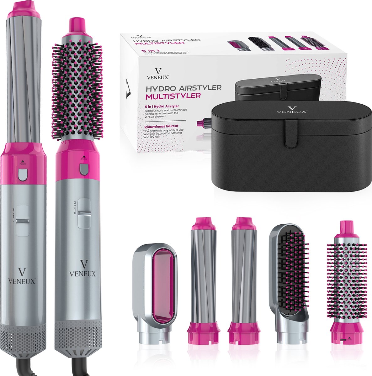 VENEUX® Föhnborstel - Airstyler - Krulborstel - Warmteborstel - 5 in 1 Multistyler - Met Opbergcase - Grijs