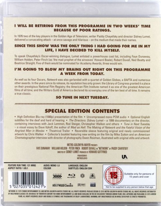 De achterkant van de "Network" Blu-ray hoes met de tekst van de film en speciale inhoudsopgaven.