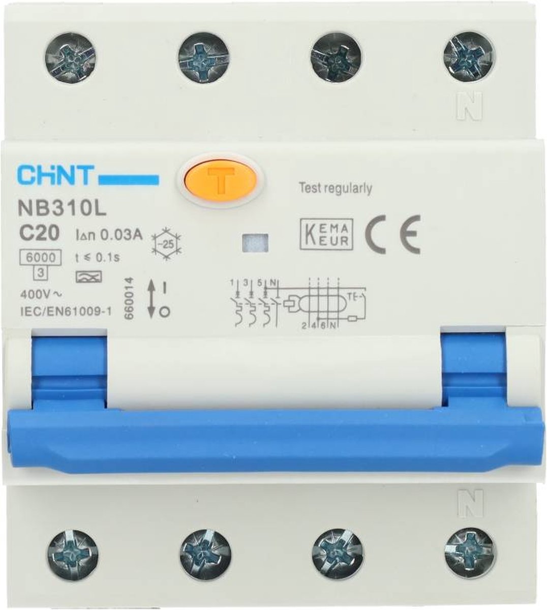 Chint aardlekautomaat 3-polig+nul 20A C-kar 30mA (2015C20)