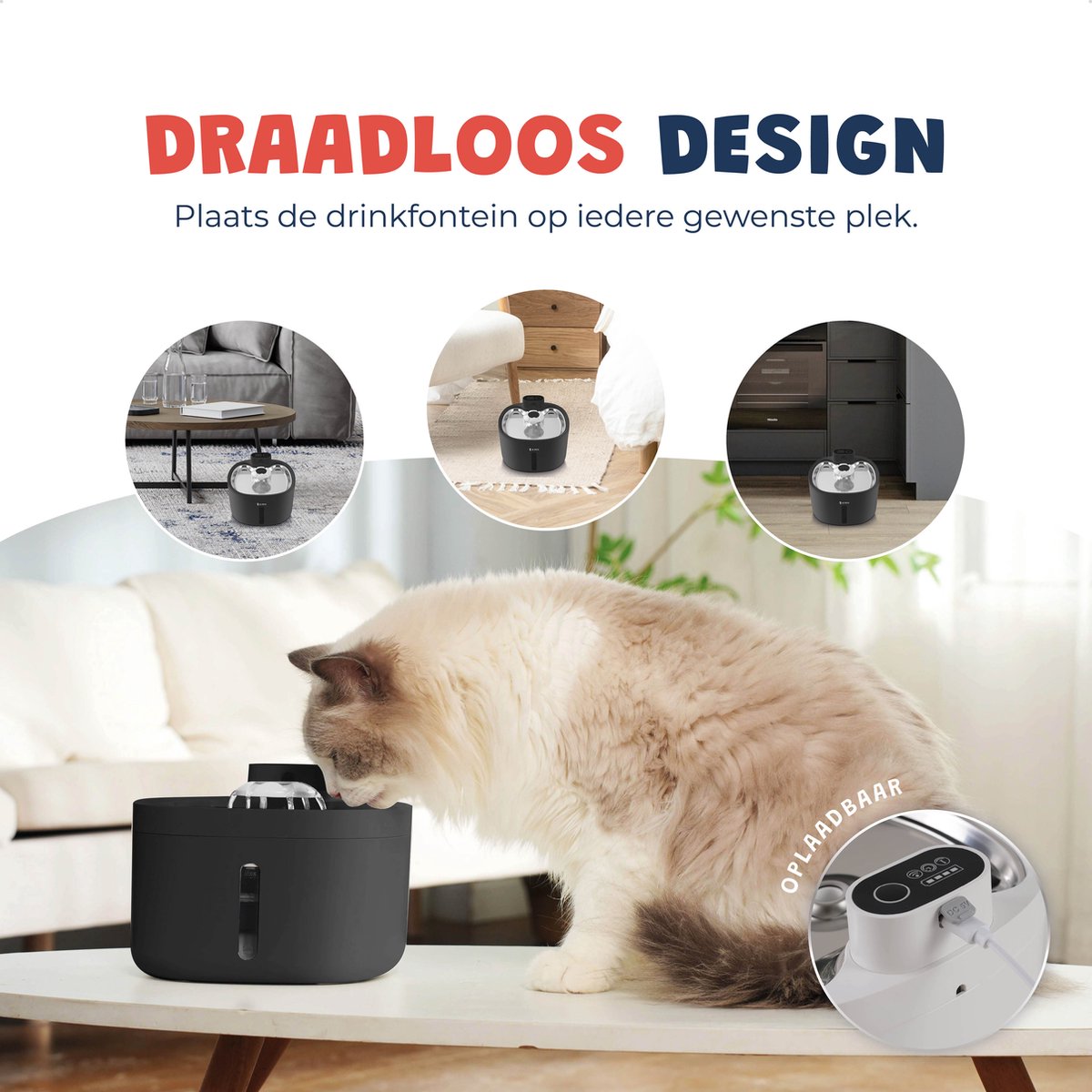 JC Pets Premium Drinkfontein voor Kat en Hond - Draadloze Waterfontein met Sensor - Katten Fontein - Waterbak Automatisch - RVS - Fluisterstil - Inclusief 3 filters - Zwart thumbnail 2