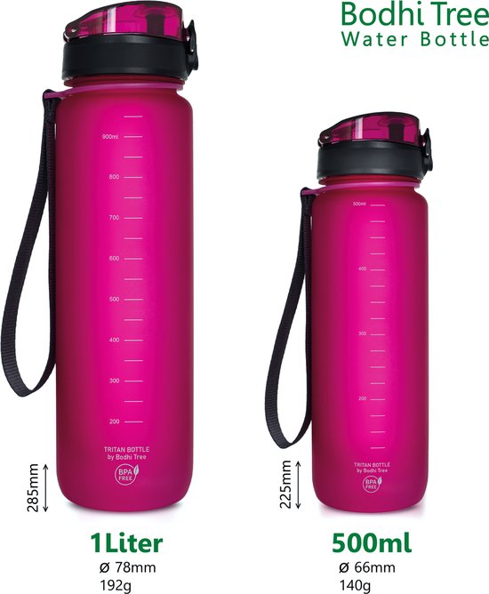 Bodhi Tree Drinkfles 1 Liter - Waterfles Sportfles BPA Vrij - Yoga Sport - Water Bottle 1liter - Fuchsia - Bodhi Tree