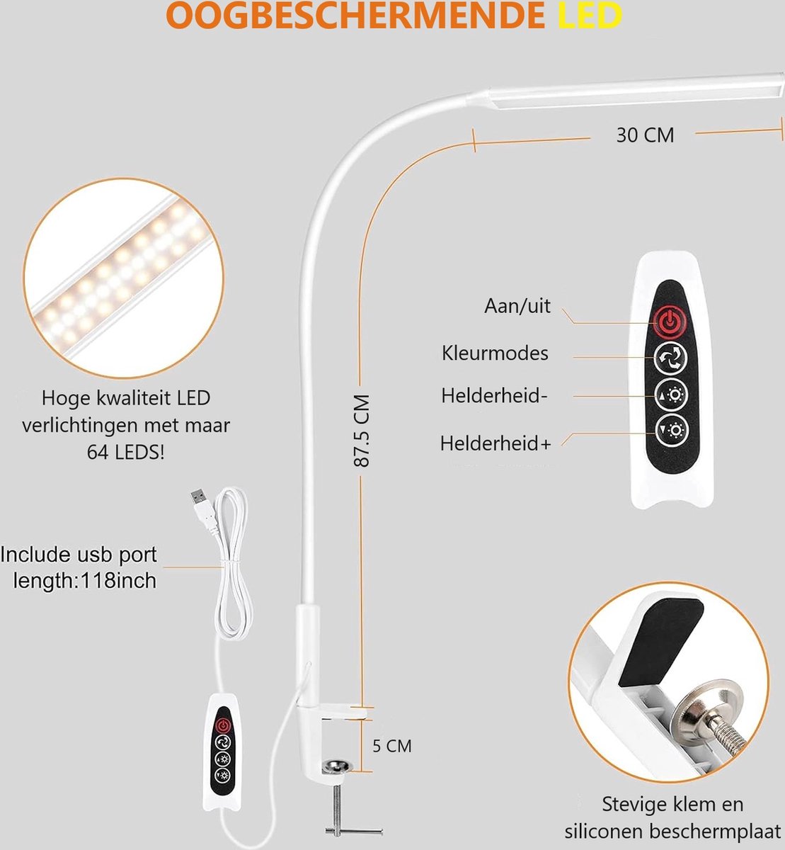Lampen District® - LED Bureaulamp met klem - Oog beschermende - Hobbylamp - Flexibele Werklamp Wit- 3 Lichtstanden & 10 Helderheidsniveaus thumbnail 5