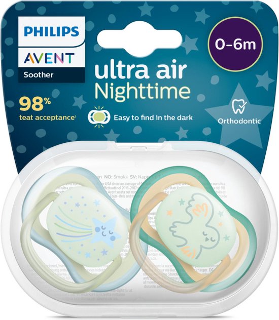 Philips Avent SCF376/18 - Sucette Ultra Air Nuit - 0 à 6 Mois - Lot de 2