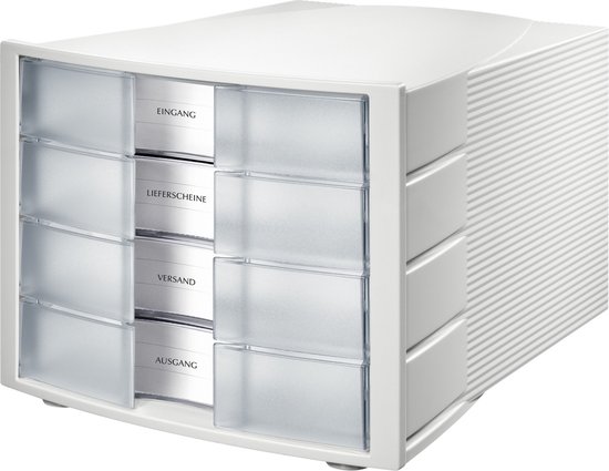 Witte archiefkast met 8 laden, voorste 4 laden met labels: EINGANG, LIEFERSCHEINE, VERSAND, AUSGANG.
