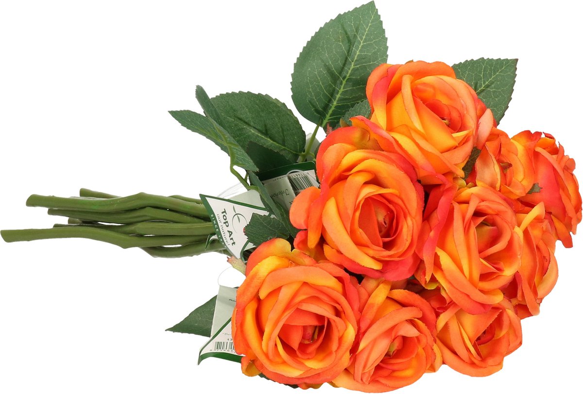 Top Art Kunstbloemen boeket roos Nina - 10x - oranje - 27 cm - kunststof steel - decoratie bloemen