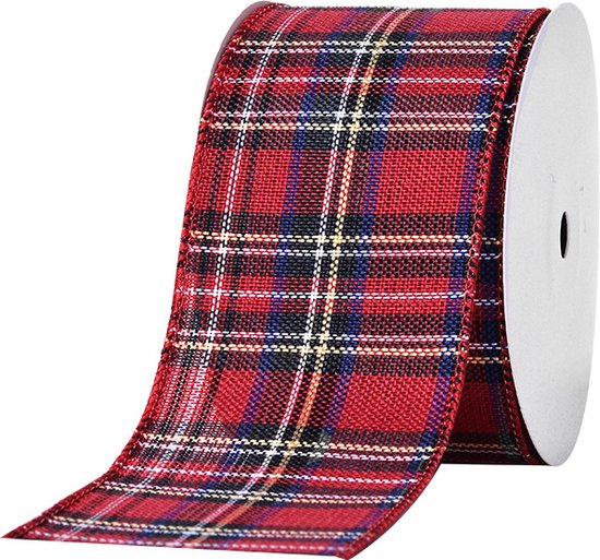Kerst Lint met IJzerdraad | Linnen Look Lint | Geruit Lint Gingham | Luxe Weefband 63mm (6,3cm) | Schotse Ruit Rood | Kerstlint | Decoratielint | Stoffen Lint | Cadeaulint | Rol: 9 Meter