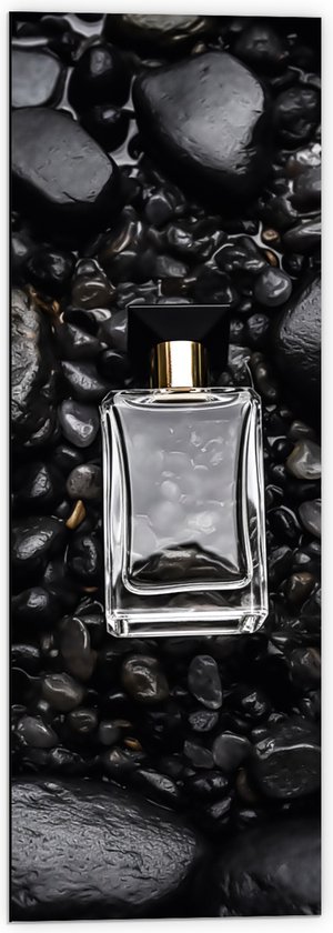 Dibond - Parfum - Flesje - Goud -Zwart - Stenen - 40x120 cm Foto op Aluminium (Wanddecoratie van metaal)