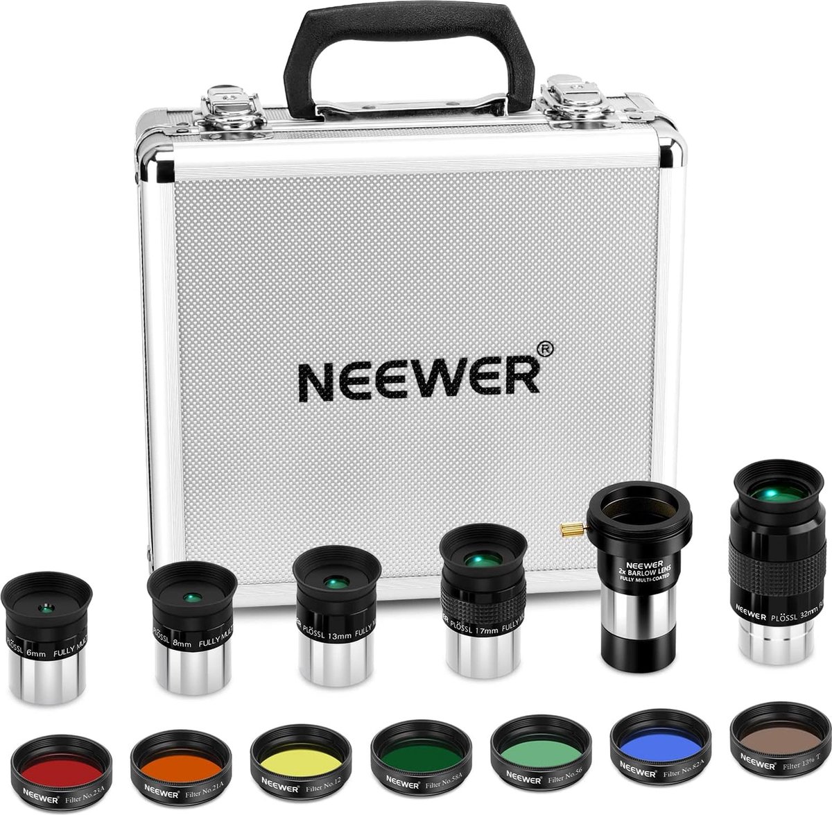 Neewer® - Telescoop Oculair en Filters Set - 14-Delig - Plössl Oculairs, 2X Barlowlens, Gekleurde Filters, Maanfilter, Metalen Draagtas