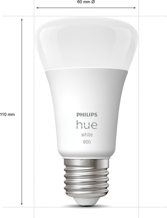 Eén witte Philips Hue gloeilamp met E27 fitting, afmetingen 110mm hoog en 60mm diameter.