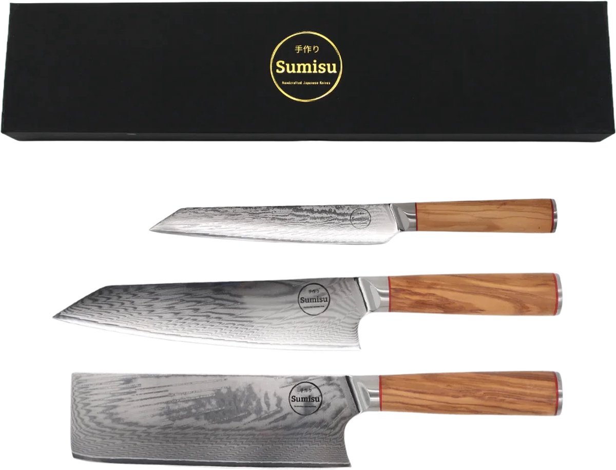 Sumisu Knives Japanse messenset 3-delig Wood collection 100% damascus staal Chefkok messenset Geleverd in luxe geschenkdoos BBQ messen