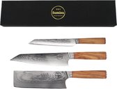 Ensemble de couteaux japonais Sumisu - Ensemble professionnel de 3 pièces - Couteau de chef Kiritsuke, couperet Nakiri et couteau à fileter Sujikihi - 100 % acier damas (67 couches) - Livré avec un coffret cadeau de luxe