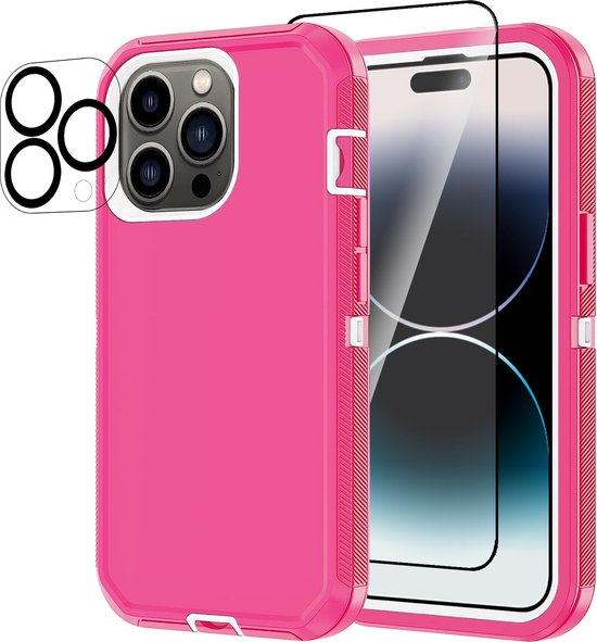 Stravo Heavy Duty iPhone 15 Pro Max case met Screen Protector en Lens Protector - Roze - Dustproof shockproof telefoonhoes cover bestaande uit 3 lagen inclusief schermbeschermer en lensbeschermer - Geschikt voor Apple iPhone 15 Pro Max