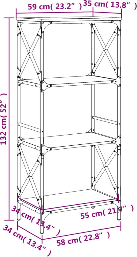 vidaXL - Boekenkast - 4-laags - 59x35x132 - cm - bewerkt - hout - zwart