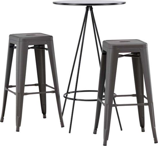 Bistro barmeubelset bartafel zwart en 2 Tempe barstoelen dunkergrijs.