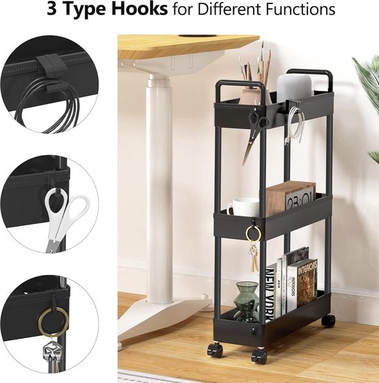 HOMCOM 3-laags trolley, hangmand, opbergwagen met handvat, keukenwagen, zijwagen voor keuken, woonkamer, kantoor, staal, wit