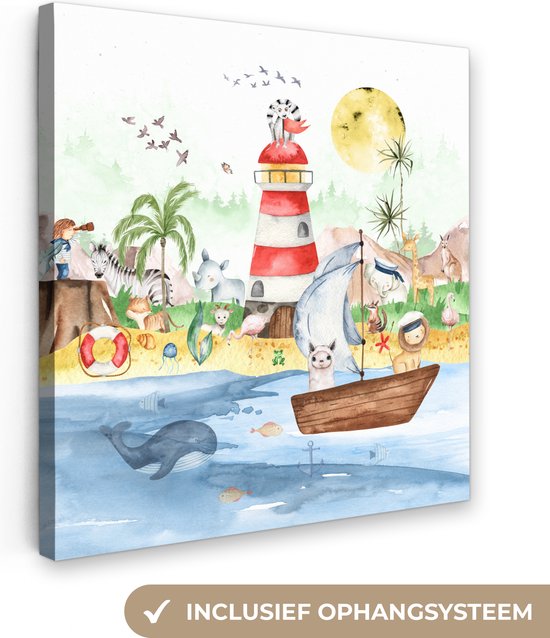 Canvas - Kinderkamer - Kind - Vuurtoren - Strand - Zee - Dieren - Boot - Canvas schilderij - Canvas doek - 90x90 cm