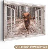 Canvas - Doorkijk - Schotse hooglander - Koe - Bos - Bomen - 90x60 cm - Kamer decoratie - Schilderijen op canvas - Canvas doek