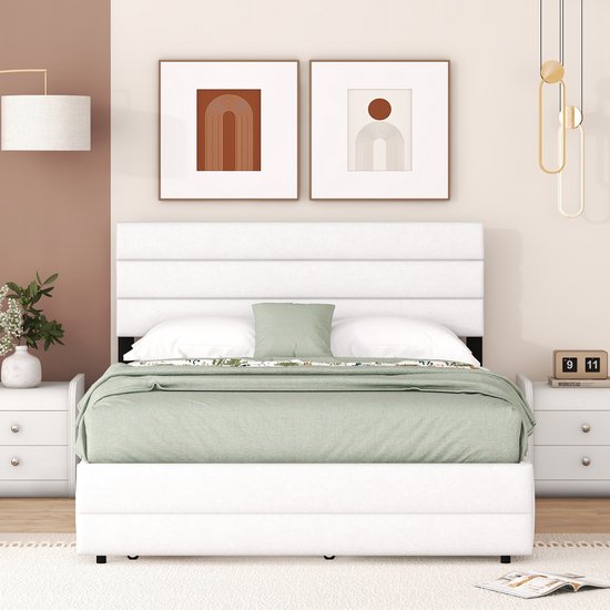 Merax Lit double 140 x 200 - Cadre de lit avec 2 tiroirs et lit gigogne supplémentaire 90 x 190 - Wit