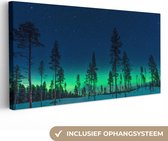 Canvas Schilderij Noorderlicht - Sneeuw - Bomen - Natuur - Groen - 80x40 cm - Wanddecoratie