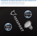 Gedetailleerde close-up van de zwarte springmat van een trampoline met Foxsport-logo en iconen.