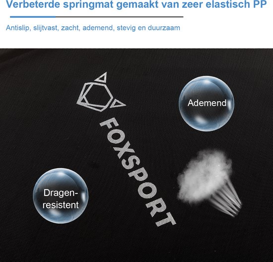 Gedetailleerde close-up van de zwarte springmat van een trampoline met Foxsport-logo en iconen.