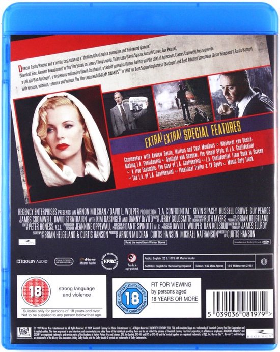 Achterkant Blu-ray L.A. Confidential. Kim Basinger, Russell Crowe, Guy Pearce, Kevin Spacey. Speciale extra's.