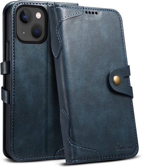 Portefeuille pour iPhone 15 avec emplacements pour cartes - Fabriqué en cuir artificiel de première qualité - Étui pour iPhone 15 avec support - Mobiq Vintage Backcover Étui portefeuille pour iPhone 15 bleu