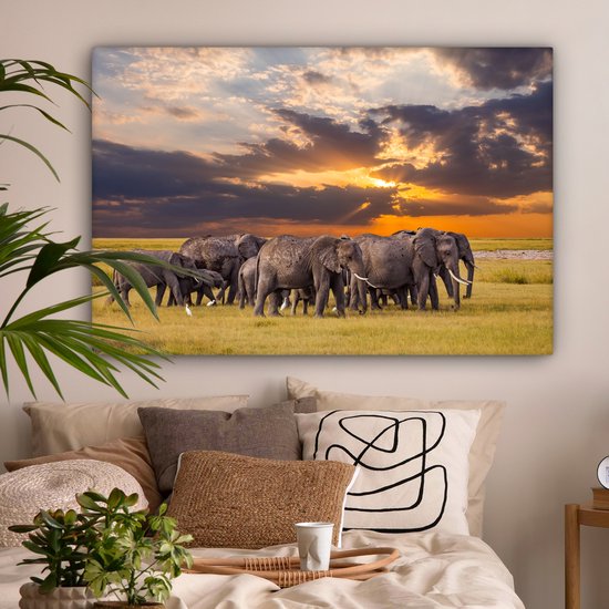 Troupeau d'éléphants au bord d'un lac toile 2cm 140x90 cm - Tirage photo sur toile peinture (Décoration murale salon / chambre) / animaux sauvages Peintures sur toile
