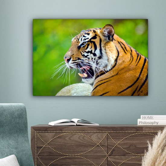 Roaring Tiger Canvas 180x120 cm - Tirage photo sur toile (Décoration murale salon / chambre) / Animaux Peintures sur toile XXL / Groot format!