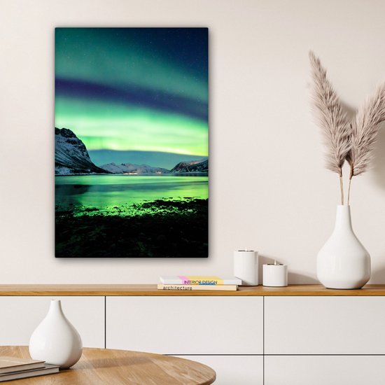 Canvas schilderij - Noorderlicht meer 60x90 - Aurora kamer decoratie accessoires - Schilderijen landschappen woonkamer - Wanddecoratie slaapkamer - Muurdecoratie keuken - Wanddoek interieur binnen - Northern lights woondecoratie huis