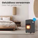 Gaskachel met geperforeerde voorkant en wieltjes in een slaapkamer.